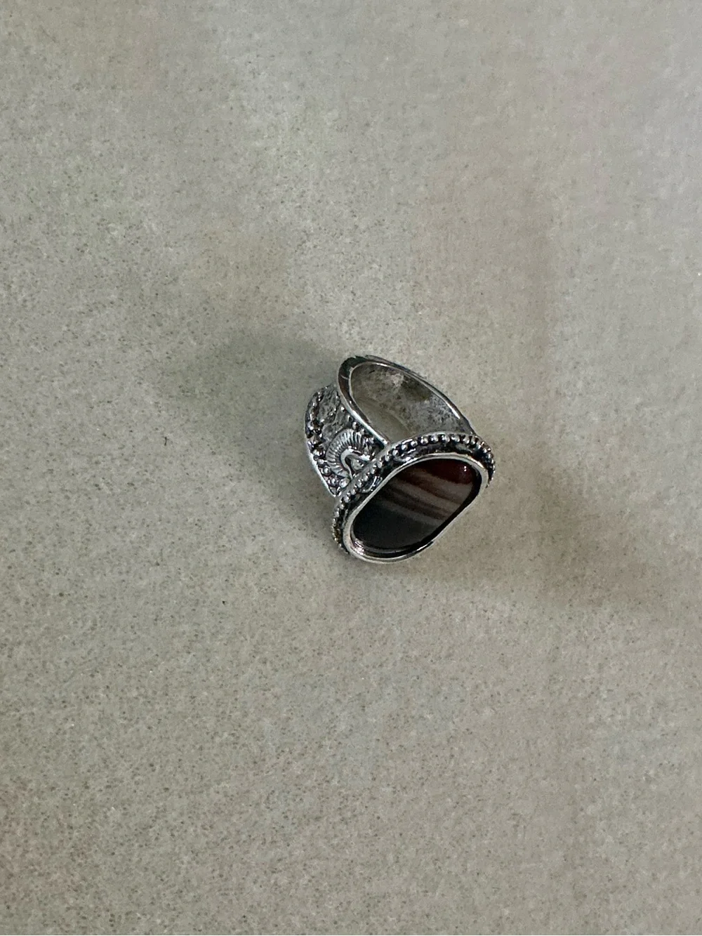 Vintage-Style Silver Ring with Striped Agate Stone, size 9